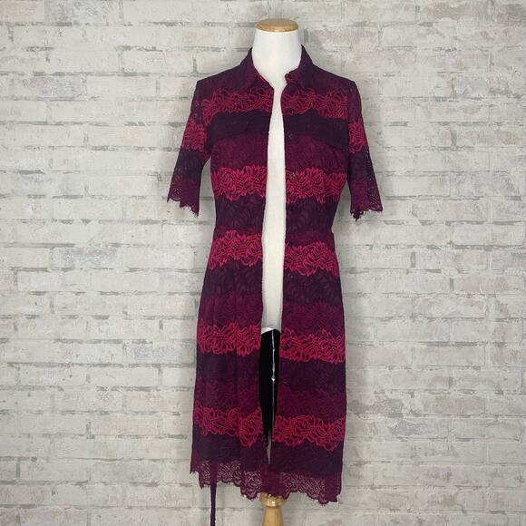 Banana Republic | Burgundy Purple Stripe Button Down Lace Dress - Picture 3 of 7